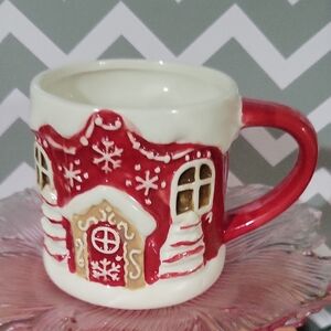 Festive Red and White Gingerbread House Holiday Mug